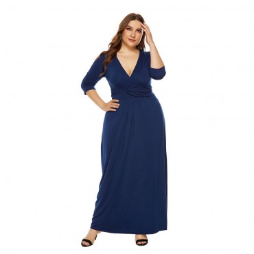 Deep V Plus Size Long Dress in Dark-Blue