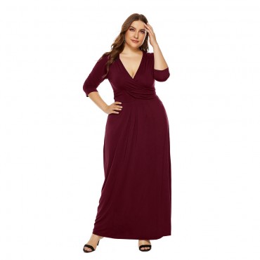 Deep V Plus Size Long Dress in Wine-Red