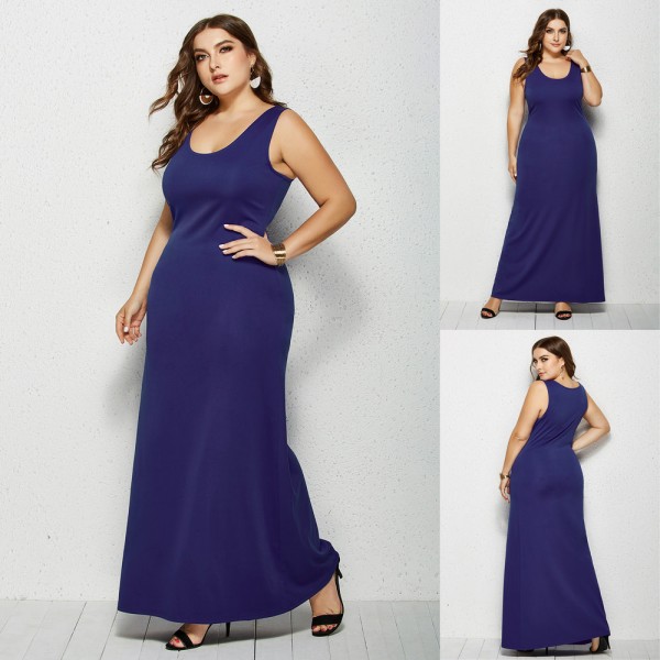 Summer Sleeveless Plus Size Long Dress in Dark-Blue