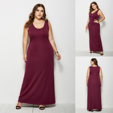 Summer Sleeveless Plus Size Long Dress in Wine-Red