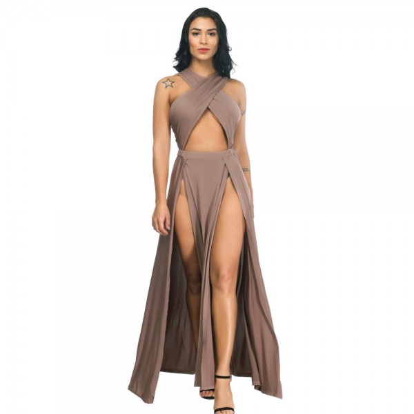 Irregular Slit Pleated Evening Dress in Apricot