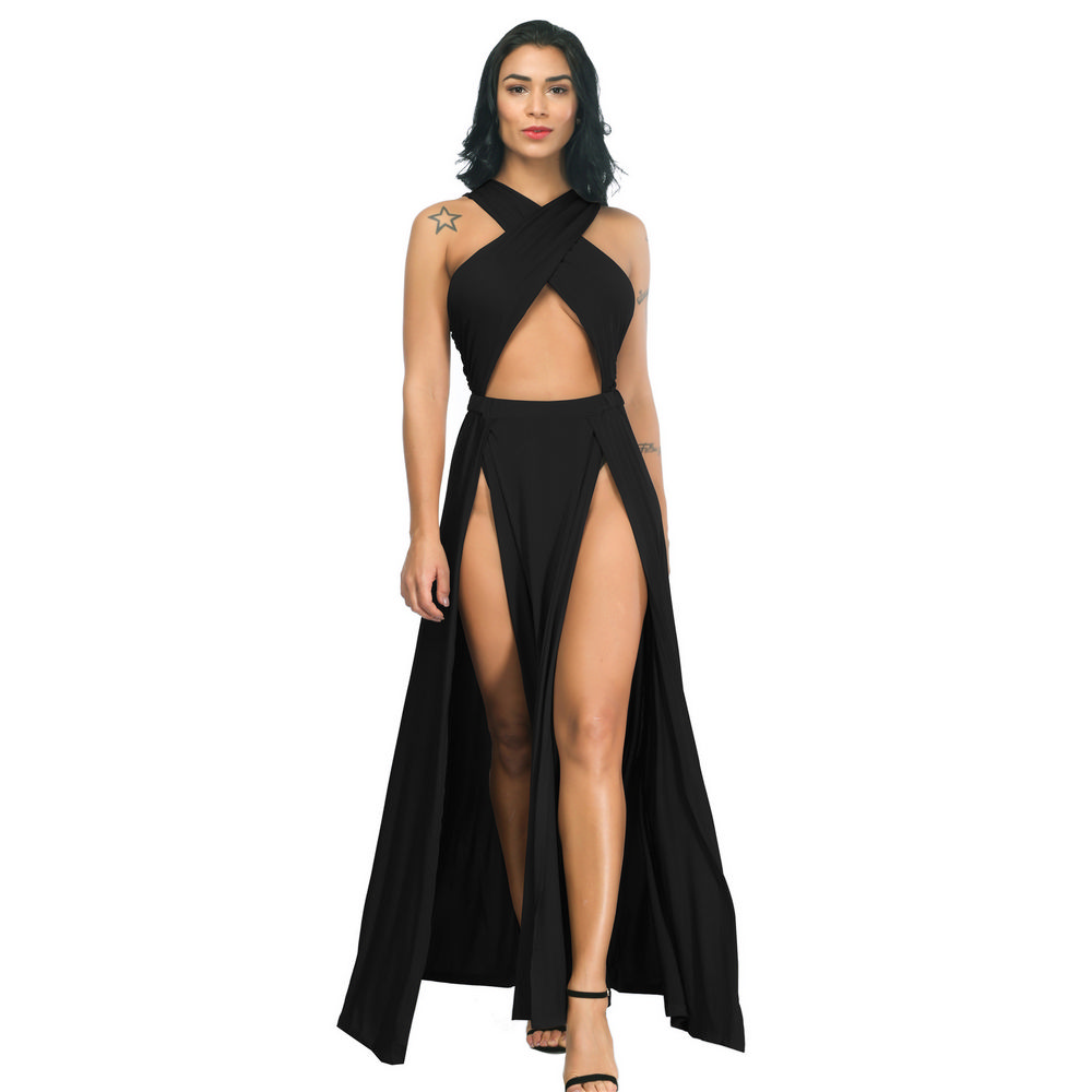 Irregular Slit Pleated Evening Dress in Black - LMT083-B-N