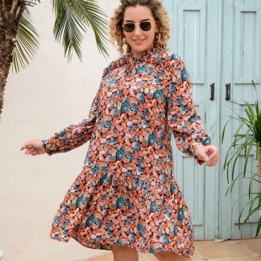 Multicolored Long Sleeve Plus Size Pleated Dress