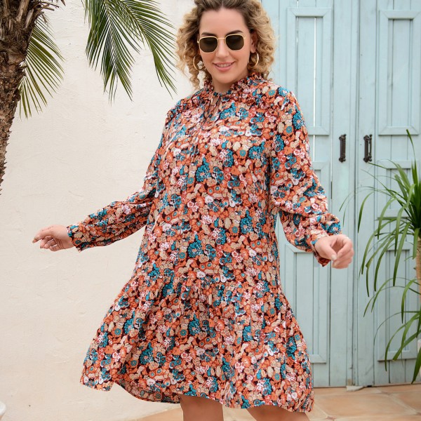 Multicolored Long Sleeve Plus Size Pleated Dress