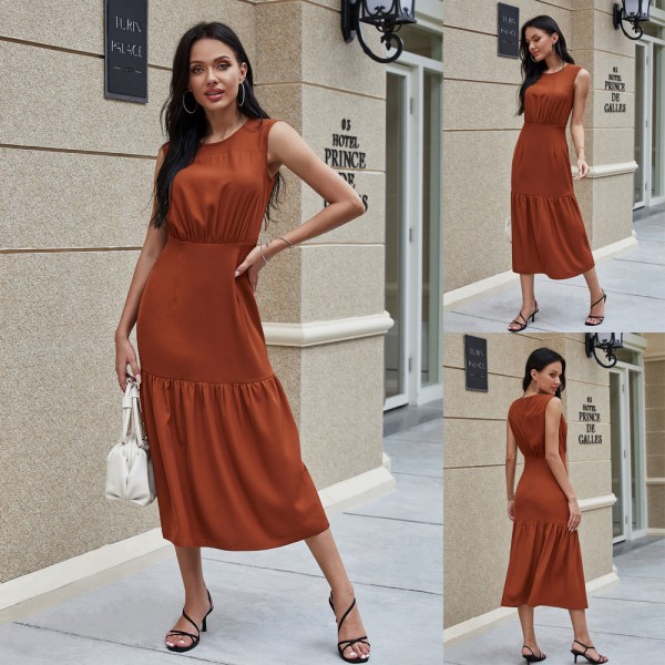 Summer Chiffon Sleeveless Dress in Brown