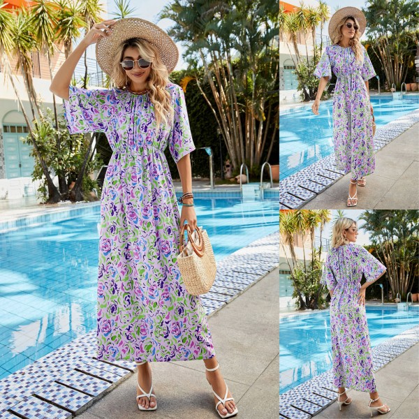 Elegant Short-Sleeved Bohemian Dress in Purple