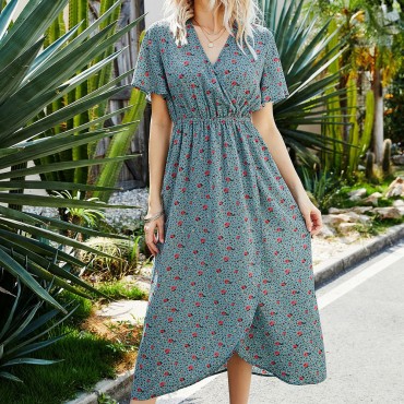 Summer V Neck Rose Print Bohemian Dress in Blue