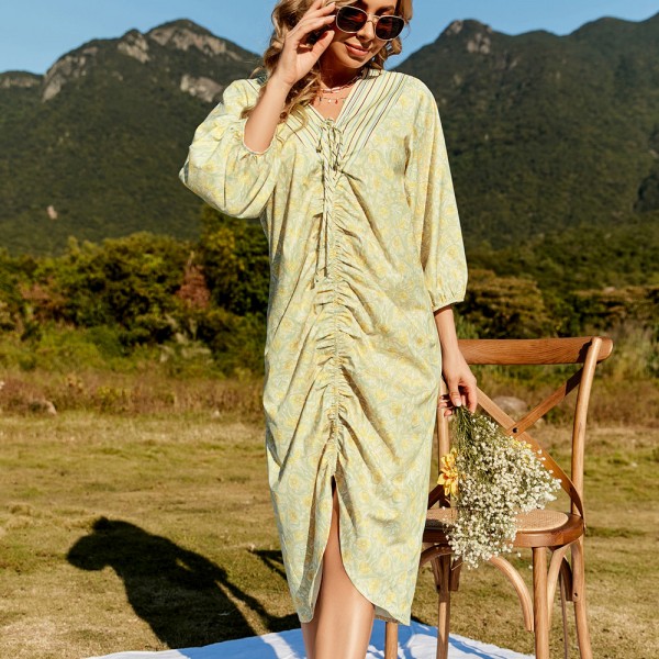Summer Medium Sleeve Pleated Bohemian Dress in Yellow