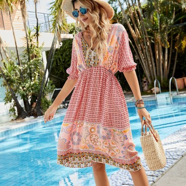 Casual V Neck Short Sleeve Bohemian Dress in Pink