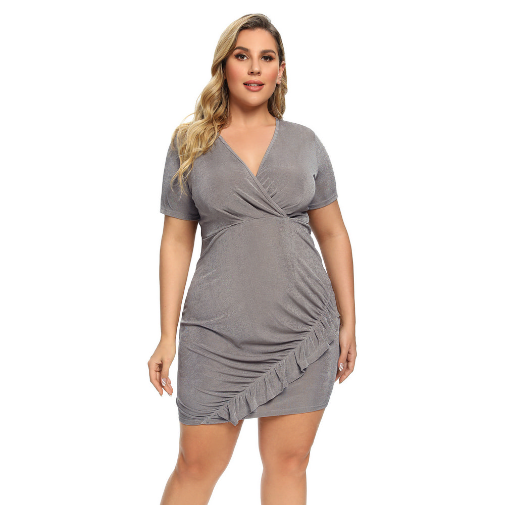 Summer Plus Size Pleated Short Sleeve Dress in Gray - LMT099-G-O