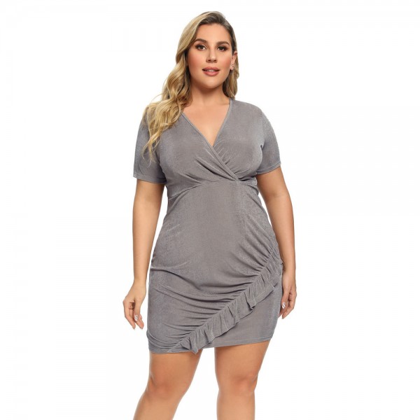 Summer Plus Size Pleated Short Sleeve Dress in Gray