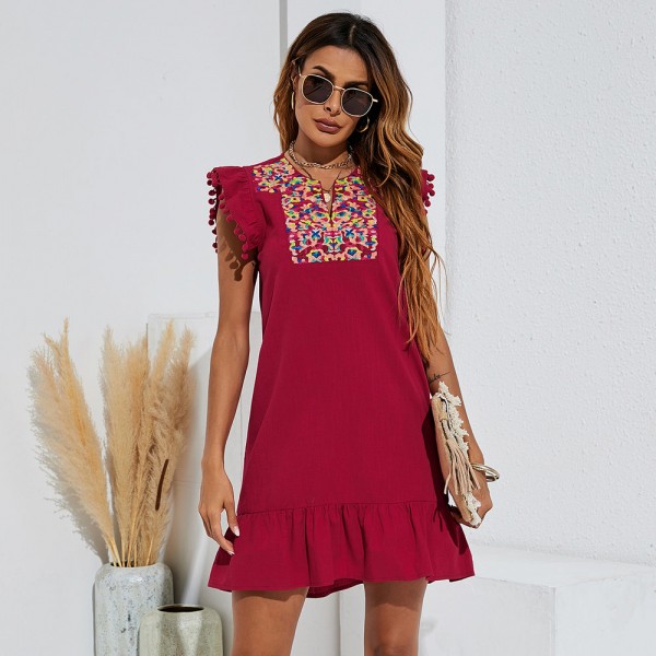 Summer Embroidered Sleeveless Casual Dress in Red