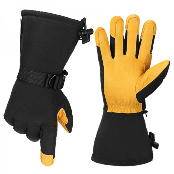 Winter Cowhide Warm Ski Gloves in Black and Yellow