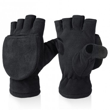 Polar Fleece Flip Cover Thermal Gloves in Black