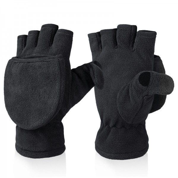 Polar Fleece Flip Cover Thermal Gloves in Black