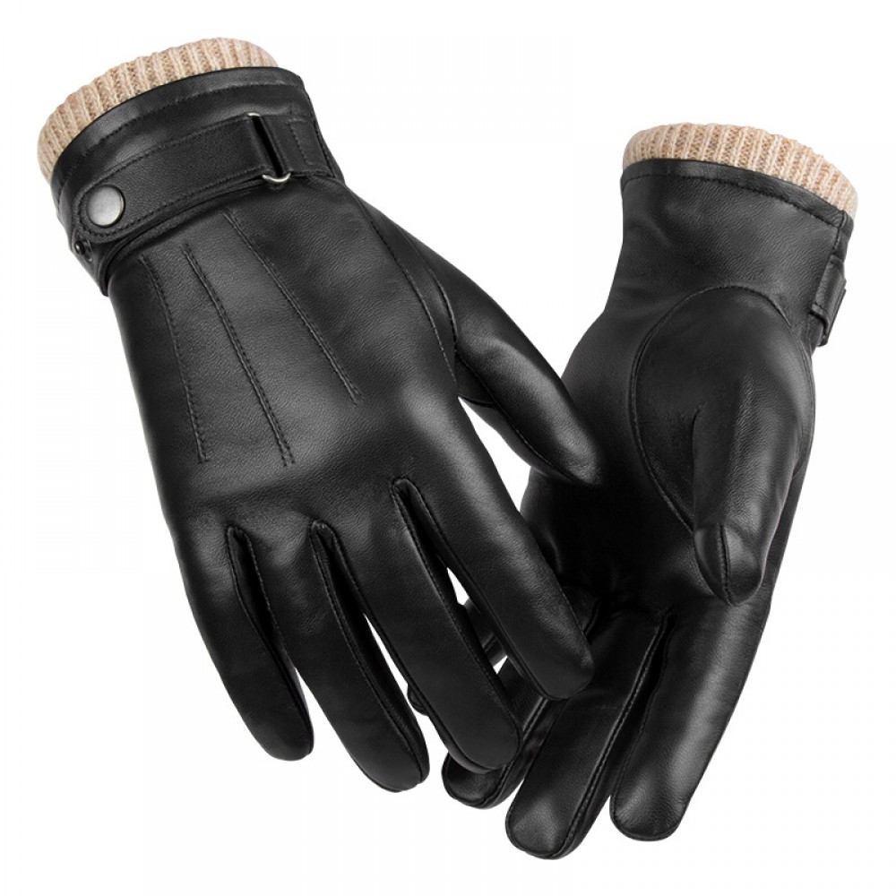 Winter Mens Driving Leather Thermal Gloves in Black - SGHFY0022-B