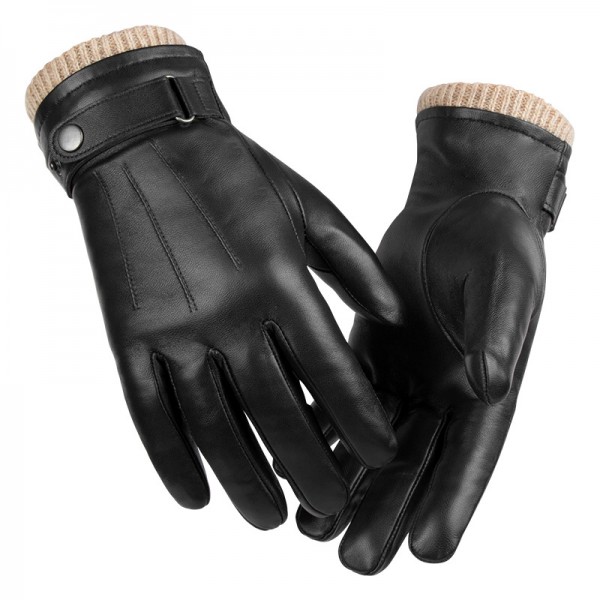 Winter Men's Driving Leather Thermal Gloves in Black