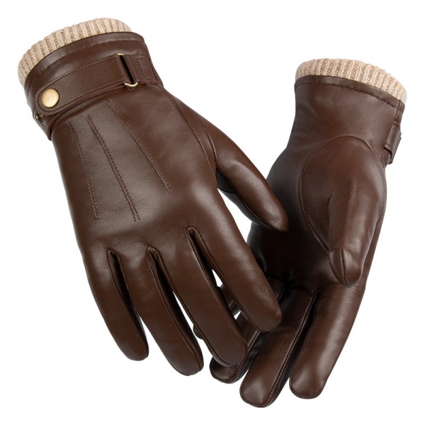 Winter Men's Driving Leather Thermal Gloves in Brown