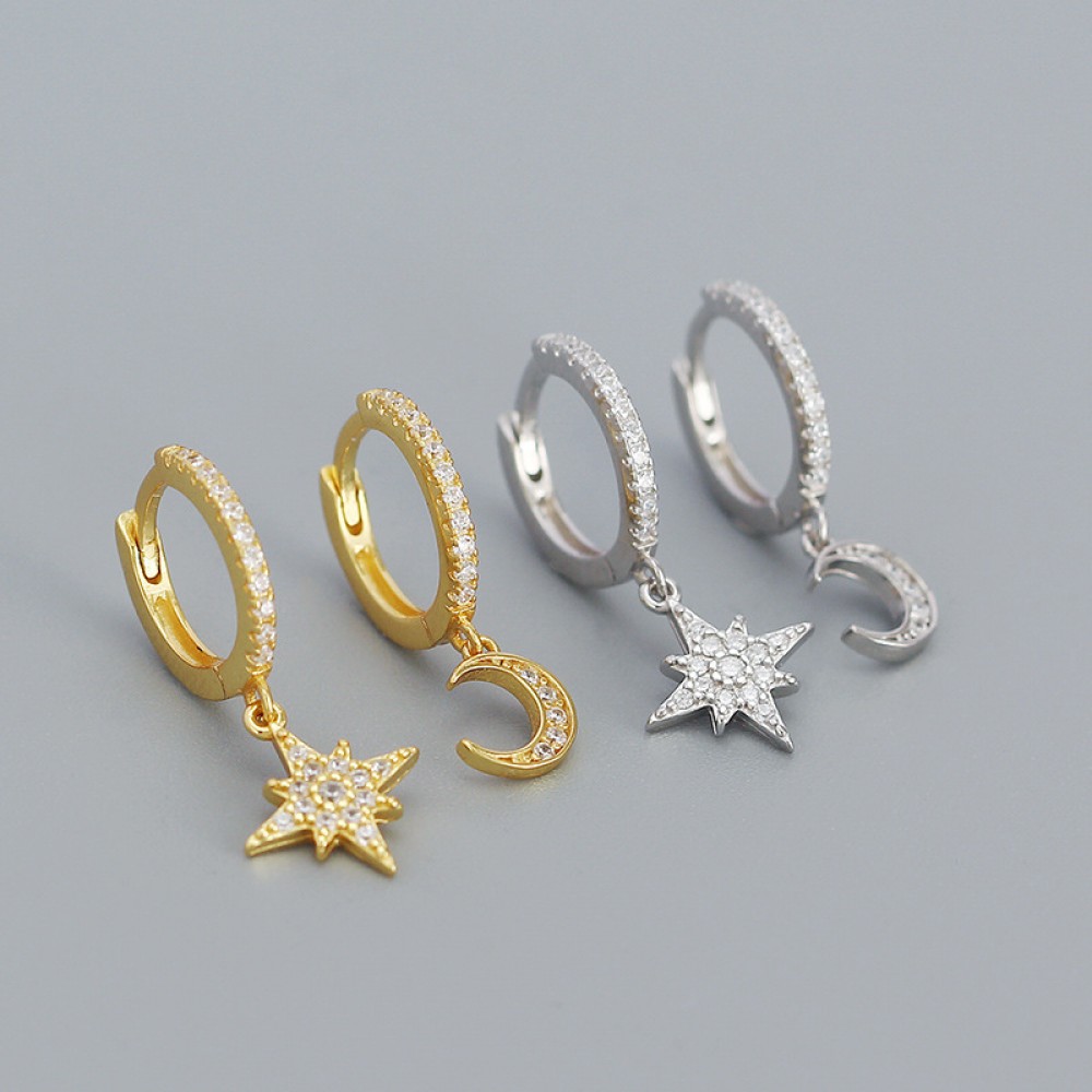 Asymmetric Crescent Moon and Star Dangle Earrings - MLYH008