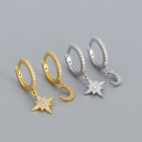 Asymmetric Crescent Moon and Star Dangle Earrings