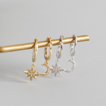 Crescent Moon and Eight Awn Star Dangle Earrings