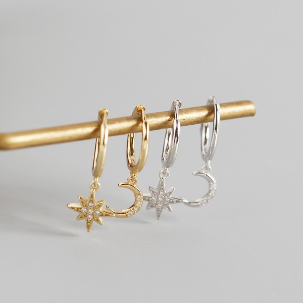 Crescent Moon and Eight Awn Star Dangle Earrings
