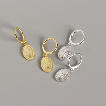 Virgin Mary Coin Dangle Earrings