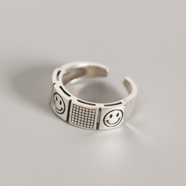 Chessboard and Smiley Emoji Open Ring