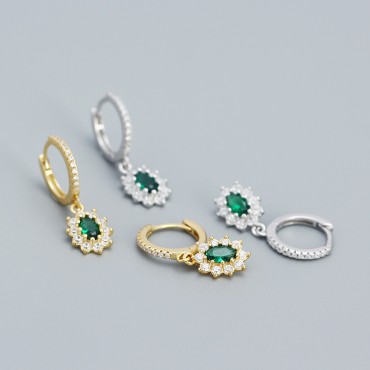 Halo Emerald Flower Dangle Earrings