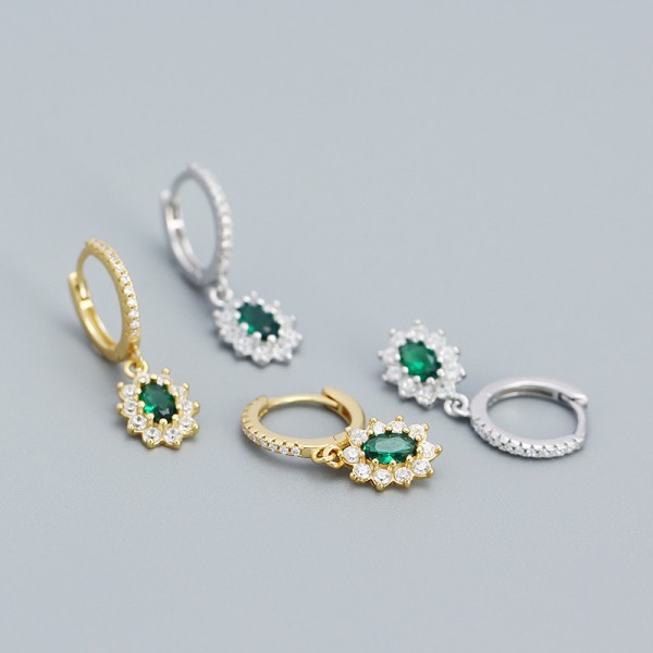 Halo Emerald Flower Dangle Earrings