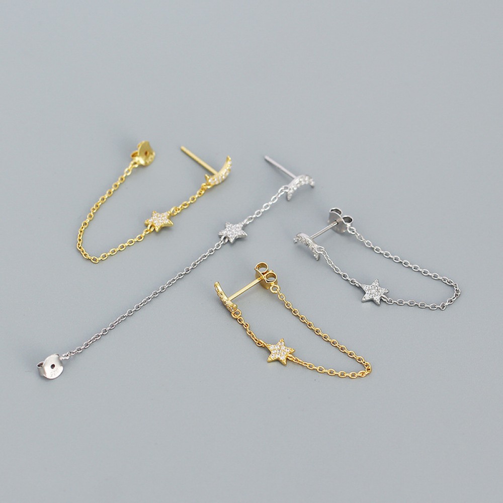 Tassel Moon and Star Chain Stud Earrings - MLYH283