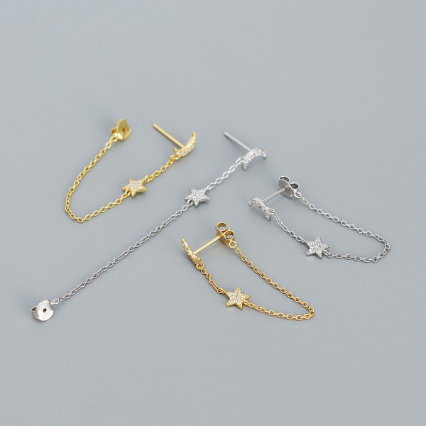 Tassel Moon and Star Chain Stud Earrings