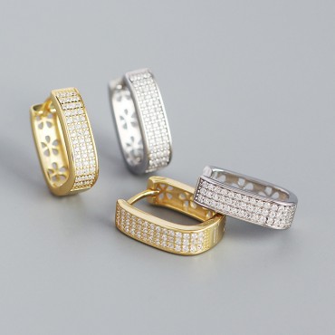 Pave and Hollow Flower Hoop Earrings