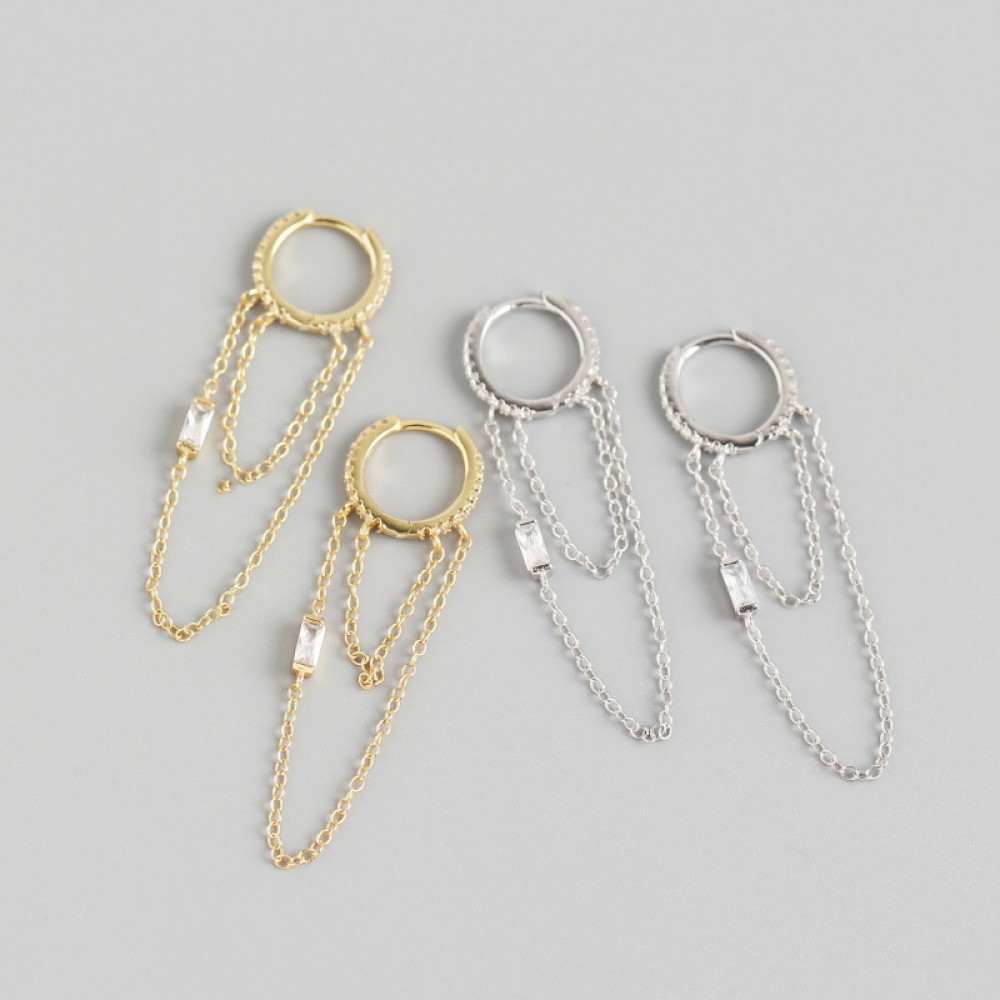 Tassel Chain and Gemstone Hoop Earrings - MLYH357