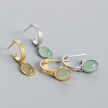 Elegant C-shaped Oval Gemstone Dangle Earrings