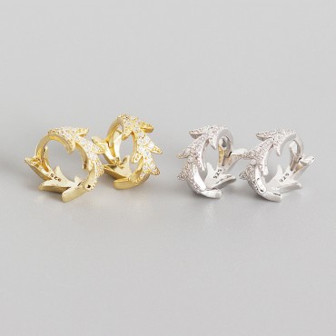 French Style Pave Leaf Hoop Earrings