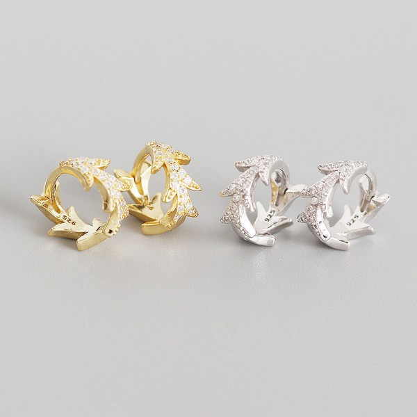 French Style Pave Leaf Hoop Earrings
