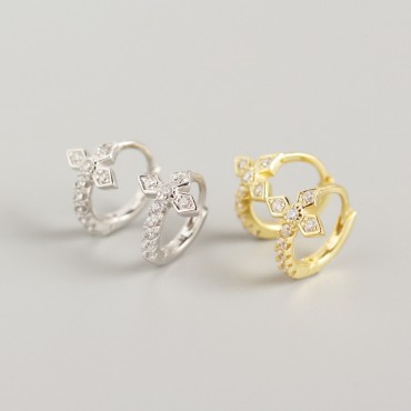 Pave 3 Leaf Clover Hoop Earrings