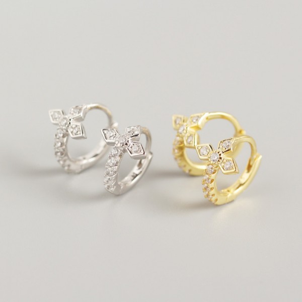Pave 3 Leaf Clover Hoop Earrings