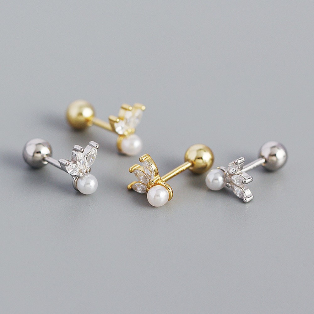 Sparkling Marquise Gems and Pearl Stud Earrings - MLYH468