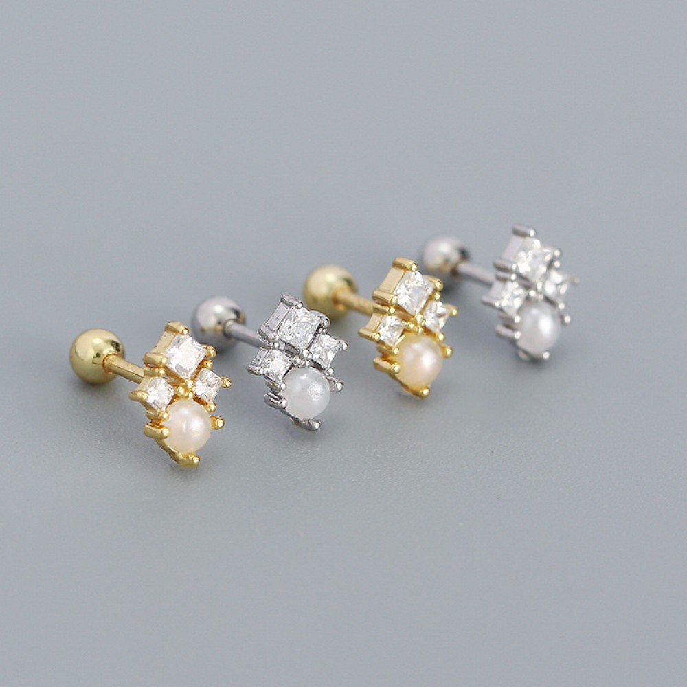 Sweet Square Gems and Pearl Stud Earrings - MLYH471