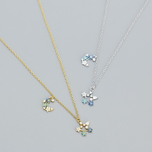 Flower Crescent Moon and Star Necklace