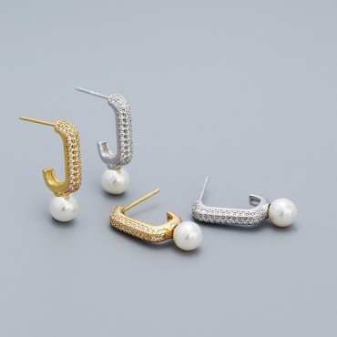 Pave U-shaped Pearl Drop Earrings