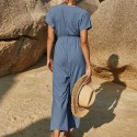 V-Neck Short-Sleeved Casual Jumpsuit in Blue - LMT087-B-N