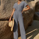V-Neck Short-Sleeved Casual Jumpsuit in Gray - LMT087-G-N