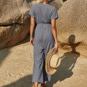 V-Neck Short-Sleeved Casual Jumpsuit in Gray - LMT087-G-N