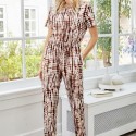 Summer Open Back Short Sleeve Round Neck Jumpsuit in Brown and White - LMT098-BRW-N