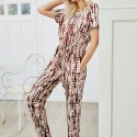 Summer Open Back Short Sleeve Round Neck Jumpsuit in Brown and White - LMT098-BRW-N