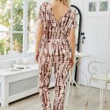 Summer Open Back Short Sleeve Round Neck Jumpsuit in Brown and White - LMT098-BRW-N