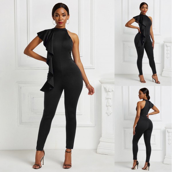 Sleeveless Sexy Ruffled Jumpsuit in Black